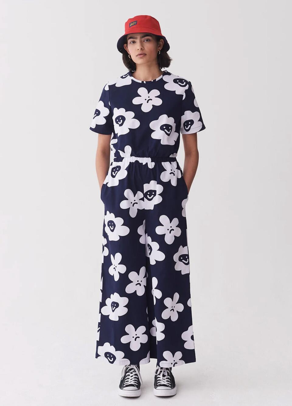 NWT Lazy Oaf Pushing Daisies Floral Smiley Sad Face Wide Leg Jumpsuit Size UK 6